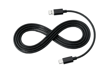 Premium Black Braided USB Type-C to USB-A Charging Cable Coiled on Transparent Background (1)