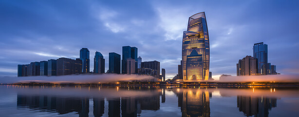 Cityscape Reflection at Dusk: Modern Buildings Mirrored in Calm Water Under a Cloudy Sky, Featuring Fog and Golden Lights in an Urban Landscape