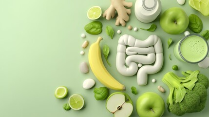 Happy Gut and Digestive Health Concept with Probiotics, Healthy Food and Nutrition Background