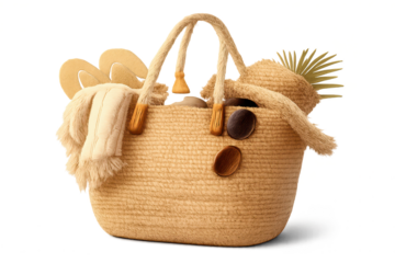 Woven bag with beach accessories on transparent background image.