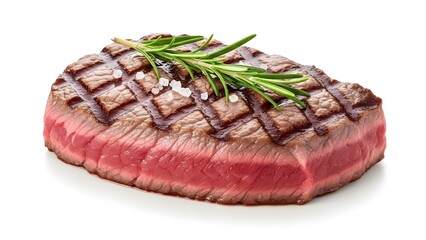 A perfectly grilled steak with rosemary garnish on a white background