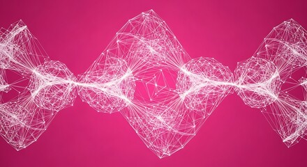 Abstract white geometric wireframe structure undulates across a vibrant magenta background