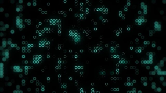 Abstract cyan geometric circle and arrow shapes glowing on black background