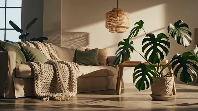 Elegant Home Interior With Natural Light And Cozy D?cor Featuring A Monstera Plant