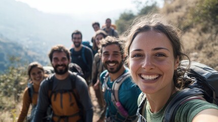 Group of diverse hikers smiling and taking a selfie on a mountain trail together