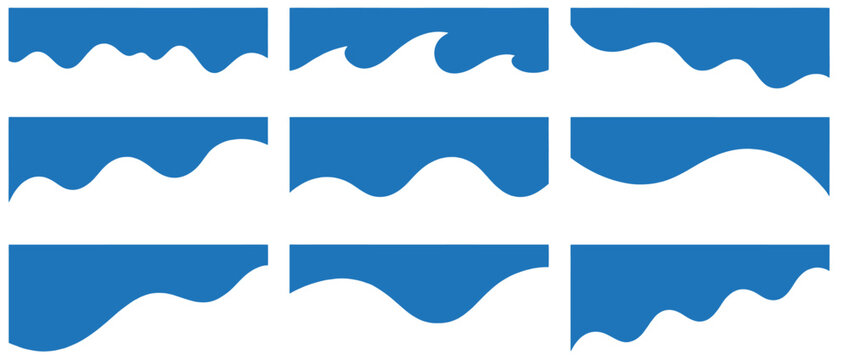 A collection of nine abstract blue wave and fluid shape vector illustrations, designed as scalable graphic elements for website headers, marine branding, creative backgrounds, and modern digital desig