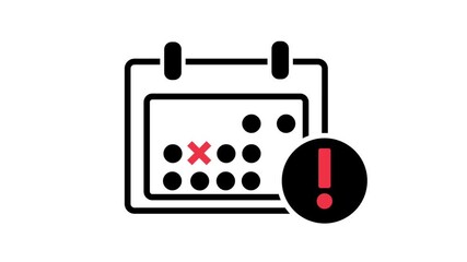 Animated calendar icon with a red cross and exclamation mark, signifying missed deadlines, cancelled appointments, scheduling errors, or urgent time management.
