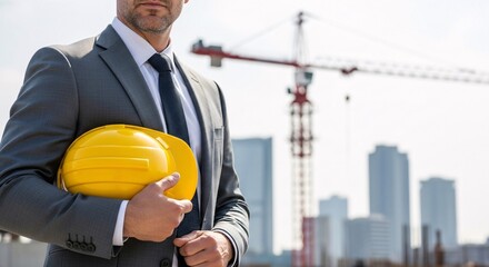 Professional male architect or engineer in formal suit holding yellow safety helmet at construction site with cranes and city skyline in background for industrial and engineering projects