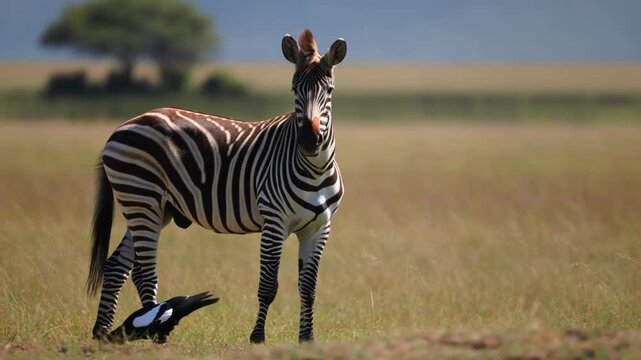 A striking zebra standing proudly in a savanna landscape, accompanied by a small bird. The zebra's bold stripes are a work of art and a testament to the beauty of wildlife Stock Video