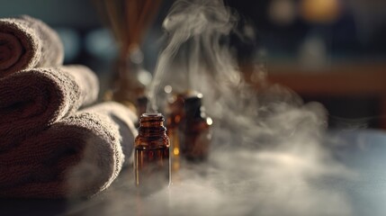 Medium shot capturing gentle steam rising from aromatic essential oils enhancing the tranquil spa environment with soothing scents.