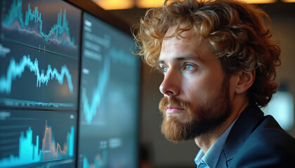 Man analyzes financial charts on multiple computer screens. He studies digital data, graphs, and performance metrics for business strategy and planning.