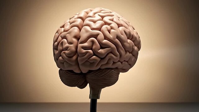 A realistic human brain model on a stand against a warm beige background with soft lighting.