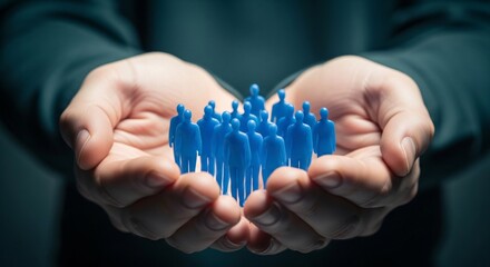 Close-up of adult hands holding a group of small blue human figures representing teamwork community or social connection concepts in a professional setting