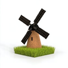 Low Poly 3D Render of a Tan Windmill with Black Blades on Green Grass