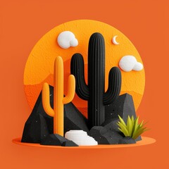 Low Poly Desert Sunset Orange and Black Cacti Amidst Rocks