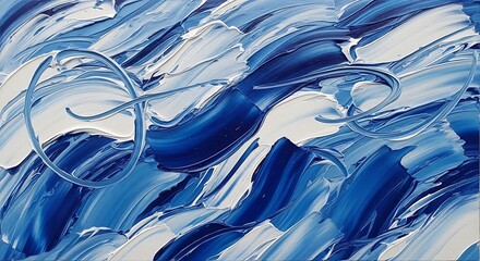 Thick impasto oil paint strokes form dynamic abstract waves of deep and light blue with white highlights
