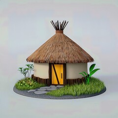 Low Poly 3D Render of a Thatched Round Hut with Yellow Door