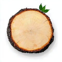 Overhead View of Tree Cross Section with Green Leaf on White Background
