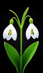 Pixelated Snowdrop Flower in White and Green on Black Background