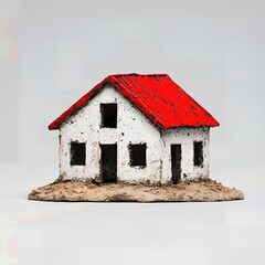 Rustic Weathered Miniature House with Red Roof