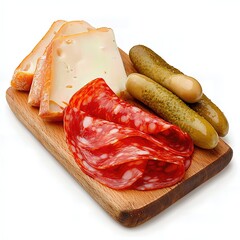 Rustic Wooden Board with Cheese, Salami, and Gherkins