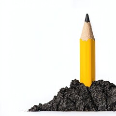 Sharpened Yellow Pencil Emerging from Graphite Shavings on White Background