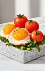 Vibrant Food Shot Featuring Fried Eggs Cherry Tomatoes and Greens on Plate With Clean White Background