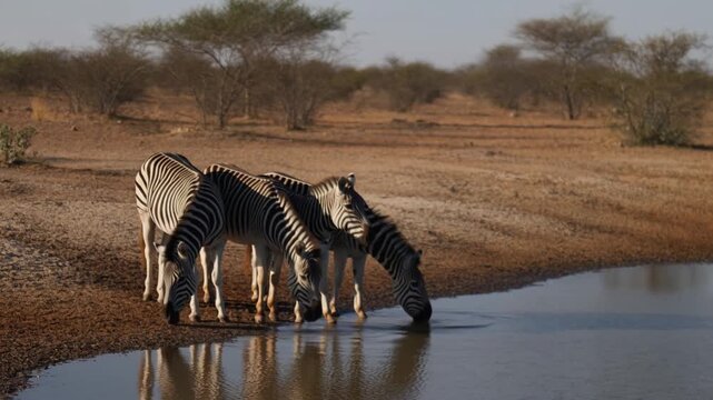 Three zebras drinking from a watering hole in a dry landscape setting Stock Video