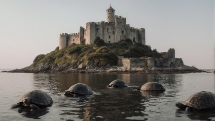 Island Castle Surrounded by Turtles in Water.