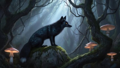 Mystical Black Fox in Enchanted Forest Illustration.