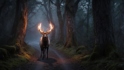 Mystical Stag with Flaming Antlers in Enchanted Forest.