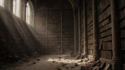Sunlit Abandoned Library with Stone Walls and Columns.