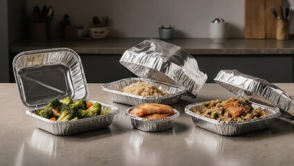 Takeout Containers with Healthy Meals on Kitchen Counter.