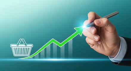 Illustration shows rising green arrow graph,shopping basket, and writing hand, representing growth of sales, profits, business,and e-commerce