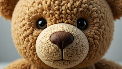  Close-up of a teddy bear&rsquo;s face, clean background.