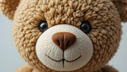  Close-up of a teddy bear&rsquo;s face, clean background.