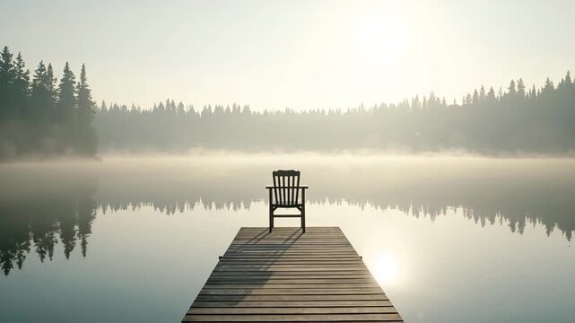 Wooden pier with single chair extending into calm foggy lake surrounded by distant pine trees