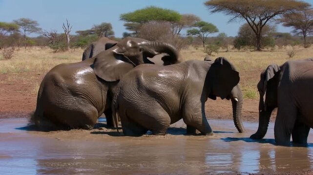 Elephants enjoying a mud bath in a watering hole, capturing a moment of their natural behavior. The group of elephants plays and cools off under the African sun.  Stock Video
