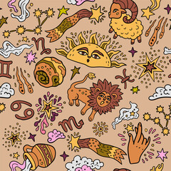 Seamless pattern with Western astrology. Zodiac animals. A cosmic fantasy backdrop for teenagers and small children. Fun zodiac.