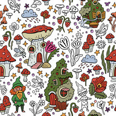 Vector pattern with gnomes and mushroom houses. Forest fairytale world. Seamless background with magical characters.