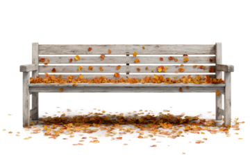 Autumn park bench with fallen leaves isolated on transparent background