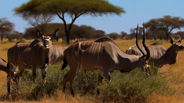 A herd of kudu grazing peacefully in a dry savanna landscape under the bright sunlight Stock Video
