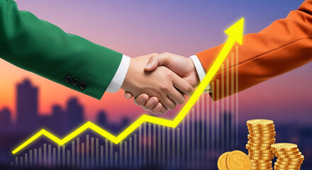 Handshake between two people, green and orange sleeve. Arrow and increasing bar graph, gold coin stacks. Represents business growth, agreement
