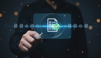 Document verification and quality assurance in digital business processes, with a magnifying glass examining compliance