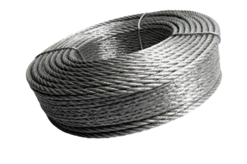 Coiled Steel Wire Rope Cable Isolated on Transparent Background Industrial Grayscale Image