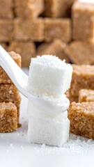 Close-up of white sugar cubes stacked on spoon, brown cubes nearby