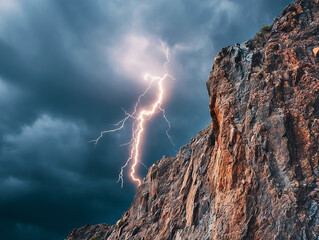 Dramatic Lightning Bolt Striking Rocky Cliff Under Stormy Sky