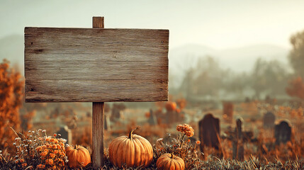 Rustic Wooden Sign Against Autumn Landscape with Pumpkins and Flowers