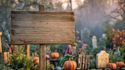 Rustic Wooden Sign in a Misty Graveyard Setting at Sunrise