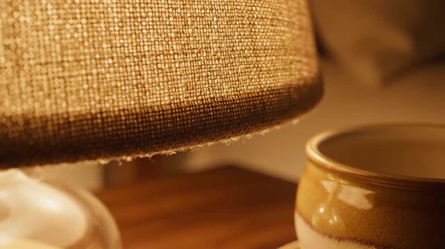 Elegant Still Life Lamp And Ceramic Mug On Wooden Table, Softly Lit Interior D?cor